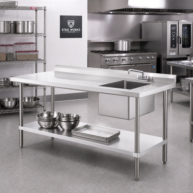 Product image #2 for Steel Works Stainless 48-Inch Right-Side Sink Table with 16-Gauge 304 Stainless Steel Top and Undershelf
