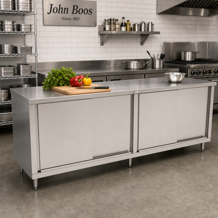 Product image #2 for John Boos Enclosed Stainless Steel Work Table with Sliding Doors, 96 x 24 Inches, Flat Top