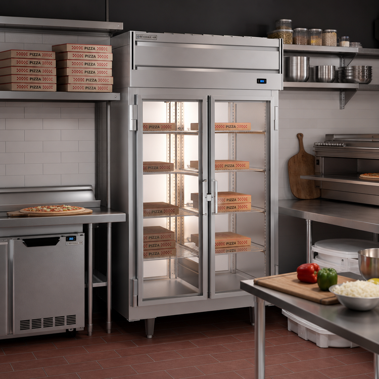 Product image #2 for Beverage-Air P Series Pass-Thru Two-Section Pizza Holding Cabinet, 46.5 Cu. Ft., 4 Hinged Glass Doors