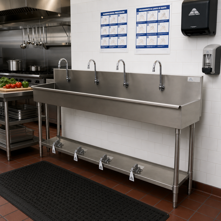Product image #2 for Advance Tabco 96-Inch Four-Station Floor-Mounted Hand Wash Sink with Toe-Push Valves and Gooseneck Spouts