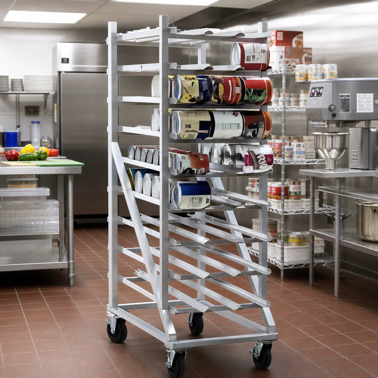 Product image #2 for New Age Heavy-Duty Mobile Aluminum Can Rack with Casters, 47-Inch Deep, #5 & #10 Can Capacity
