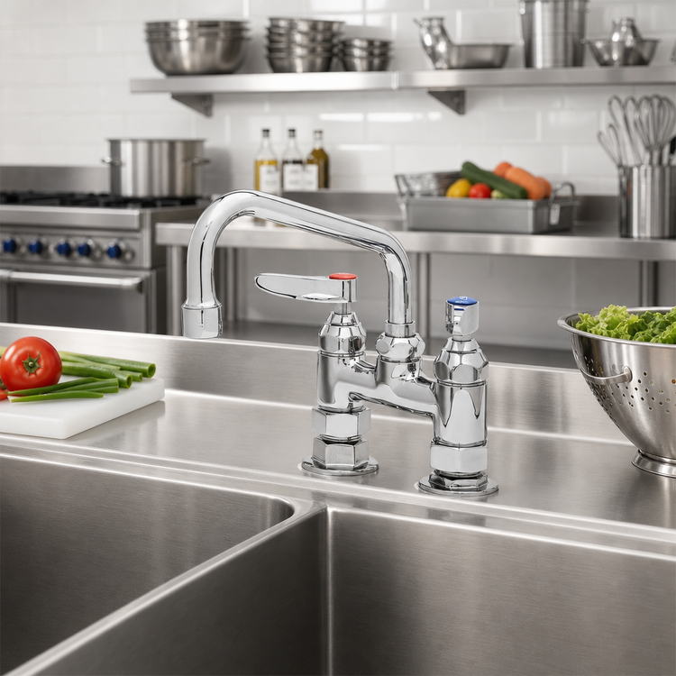 Product image #2 for T&S Brass B-2283 Double Pantry Deck-Mount Mixing Faucet, 4-Inch Centers, 6-Inch Swing Nozzle