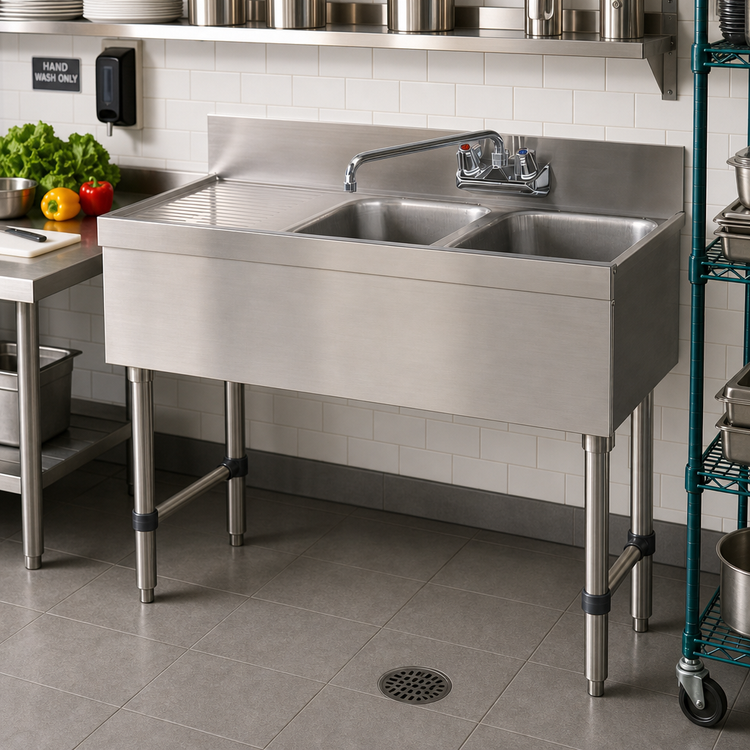 Product image #2 for Advance Tabco Special Value Series 48-Inch 2-Compartment Stainless Steel Bar Sink with Left Drainboard and 6-Inch Splash-Mounted Faucet