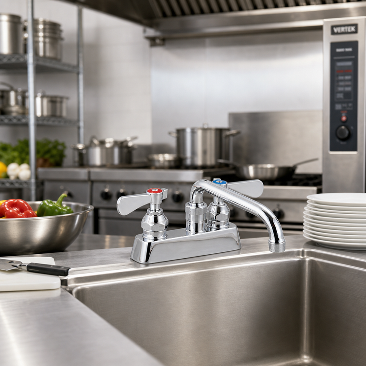Product image #2 for OptiFlow Heavy Duty Solid Body Deck-Mount Commercial Faucet with 6-Inch Swing Spout, 4-Inch Centers
