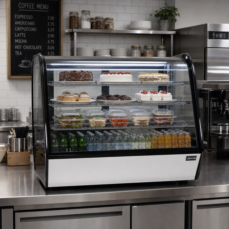 Product image #2 for Omcan Countertop Curved Glass Refrigerated Display Case, 60 Inch, 9.78 Cu. Ft., 3-Shelf, Bottom-Mounted Self-Contained