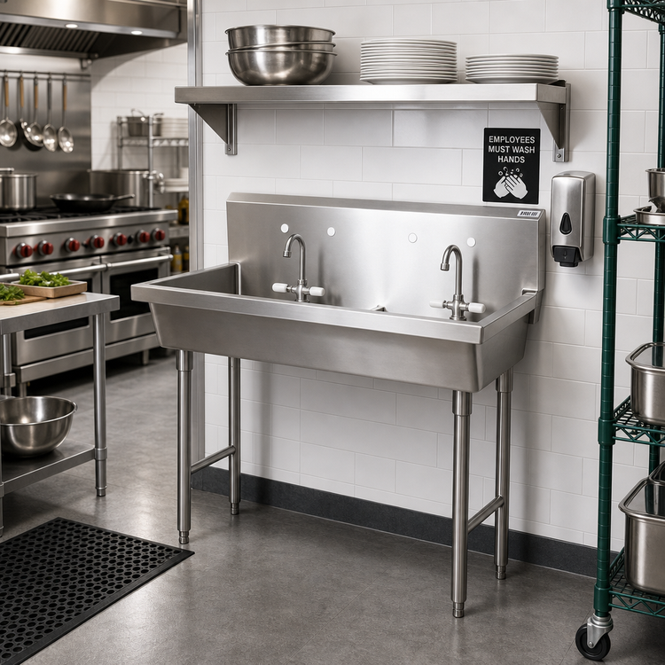 Product image #2 for Two-Station Freestanding Hand Wash Sink, 48 Inch Wide, 8 Inch Deep Bowls, Stainless Steel