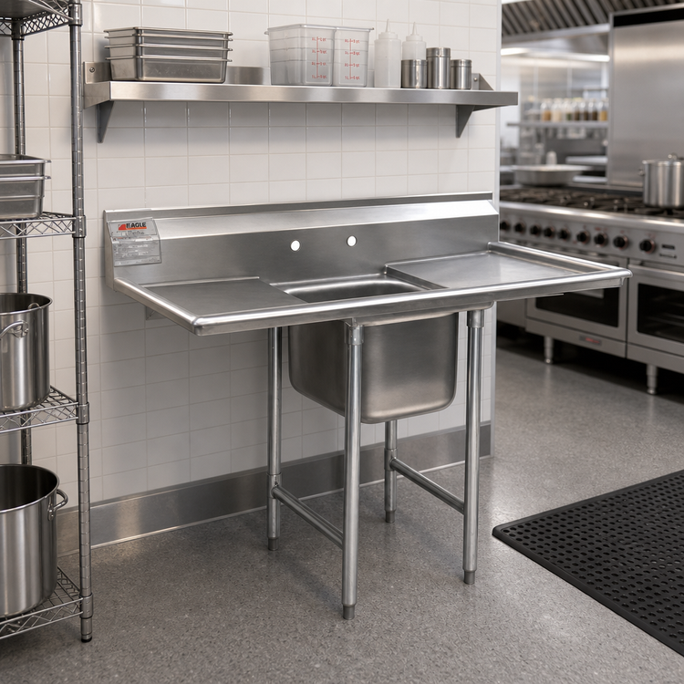 Product image #2 for Eagle Group 414 Series 68-Inch Freestanding 1-Compartment Stainless Steel Sink with Left and Right Drainboards