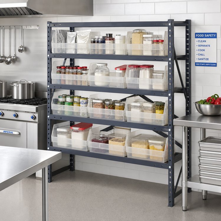 Product image #2 for Quantum Heavy-Duty Stationary Wire Shelving Unit with 5 Shelves and 12 Clear Bins, 12-Inch Deep x 36-Inch Wide x 39-Inch High