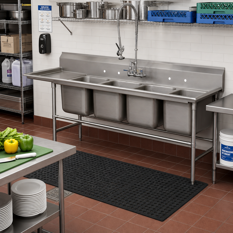 Product image #2 for Advance Tabco Regaline 4-Compartment Floor Model Sink with Left-Hand Drainboard, 20" x 20" Bowls, 36" Drainboard