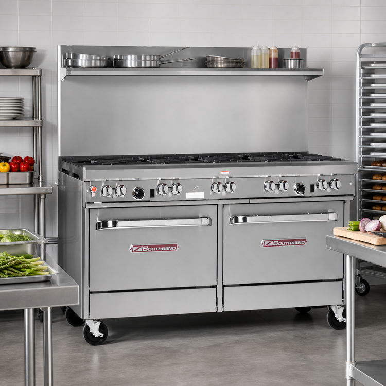 Product image #2 for Southbend Ultimate 60-Inch Commercial Gas Restaurant Range with 10 Star/Sauté Burners, 2 Cabinets, and Hi-Shelf Backriser