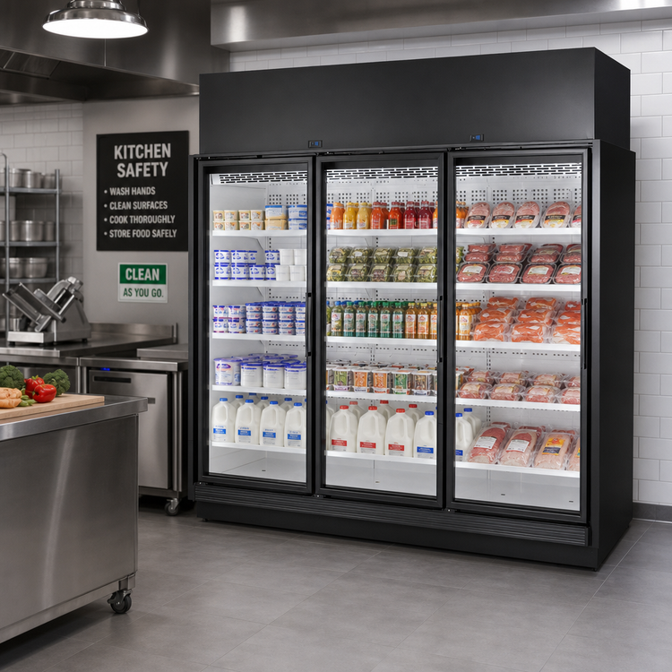Product image #2 for 3-Door Medium Temperature Glass Door Retail Merchandiser Refrigerator, Self-Contained, Black Exterior/White Interior, 116.2 Cu. Ft.