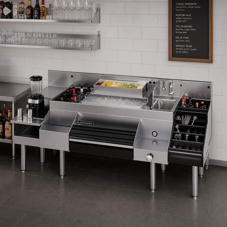 Product image #2 for Glastender All-In-One Underbar Ice Bin/Cocktail Station with Blender Shelf, Wet Waste Sink, and 10-Circuit Cold Plate, 72-Inch