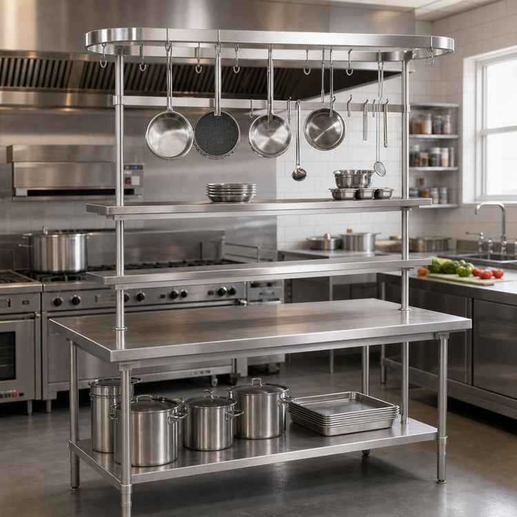 Product image #2 for Advance Tabco 108-Inch Table-Mounted Circular Stainless Steel Pot Rack with 18 Hooks and Utensil Rack