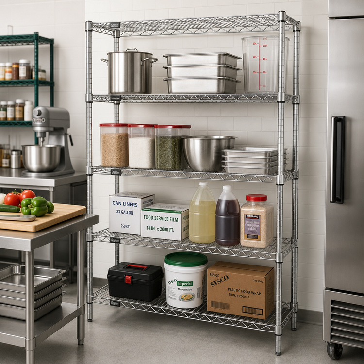 Product image #2 for Quantum Wire Shelving Starter Kit — 54 Inches W x 14 Inches D x 63 Inches H, Chrome, 4 Shelves, 600–800 Pounds Capacity