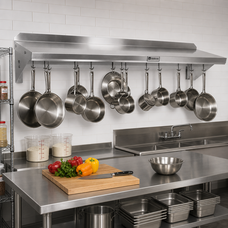 Product image #2 for John Boos Stallion Wall-Mounted Stainless Steel Pot Rack Shelf with 12 Hooks, 144 x 18 x 13 Inches