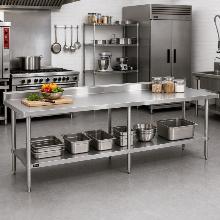 Product image #2 for Sapphire 108-Inch x 30-Inch 16-Gauge Stainless Steel Work Table with 5-Inch Backsplash, Beveled Square Edge, and Adjustable Undershelf