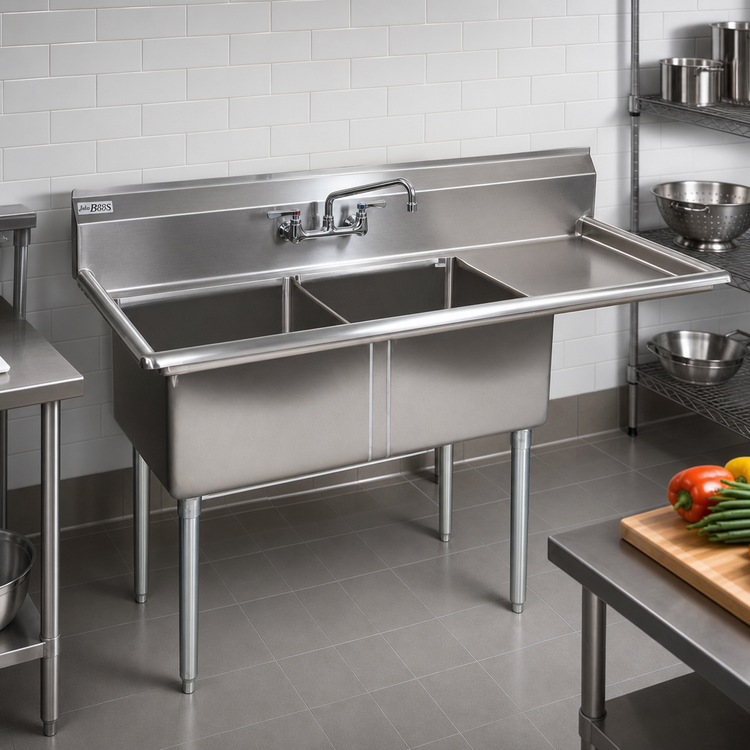 Product image #2 for John Boos E-Series 2-Compartment Stainless Steel Sink with Right Drainboard and Backsplash