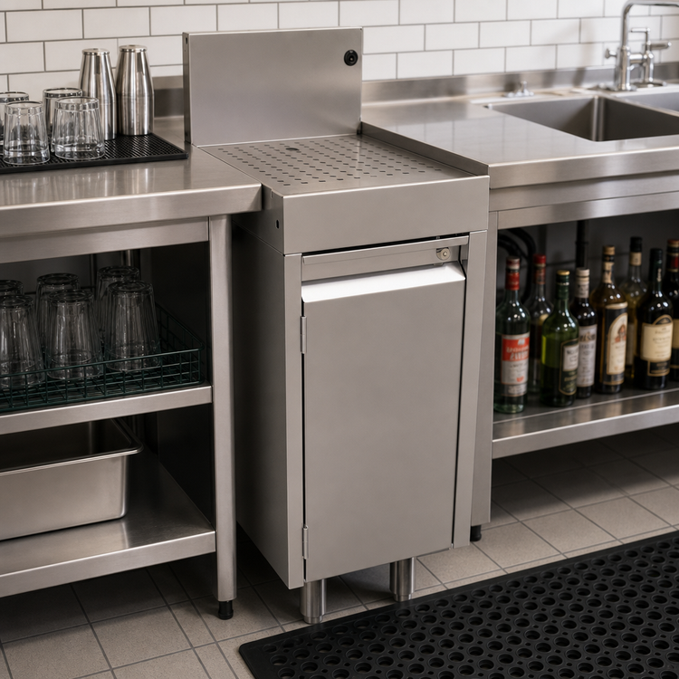 Product image #2 for Glastender 12-Inch Wide x 19-Inch Deep Underbar Stainless Steel Drainboard Cabinet Base with Hinged Door