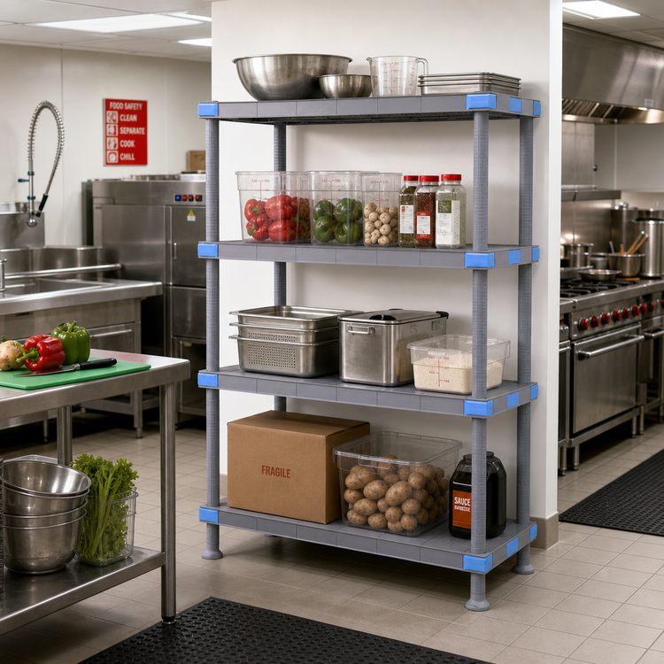 Product image #2 for Quantum Millenia All-Polymer Rust-Proof Shelving Unit with 4 Solid Shelves and Dunnage Stand, 54 x 21 x 50 Inches