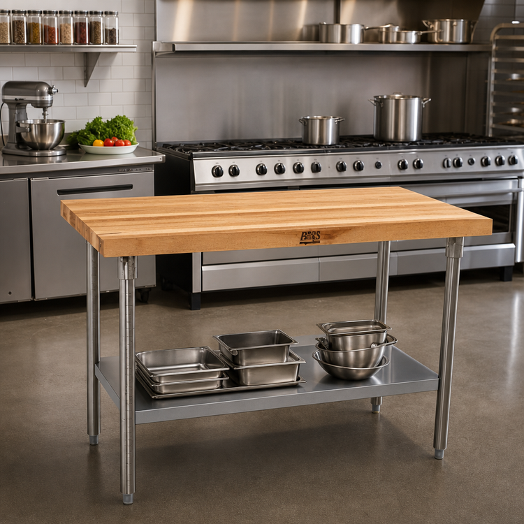 Product image #2 for John Boos 48" x 36" Wood Top Work Table with Adjustable Undershelf and Stainless Steel Legs