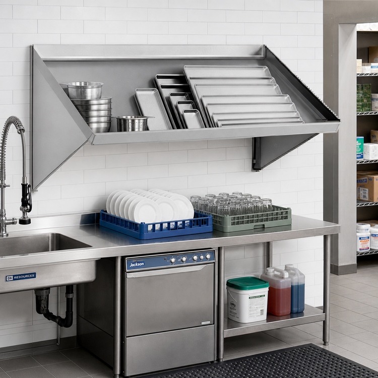 Product image #2 for 84-Inch Wall-Mounted Slanted Solid Dishtable Rack Shelf, Left Drip Tube, 304 Stainless Steel