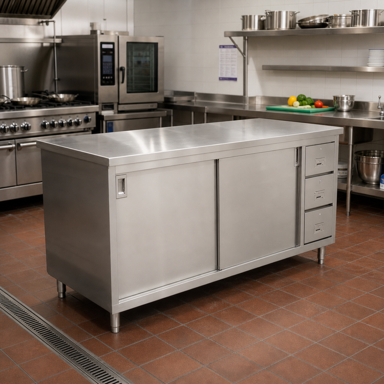 Product image #2 for Omcan USA Enclosed Stainless Steel Work Table with Cabinet Base, Sliding Doors and 3 Drawers, 60 x 30 x 36 Inches