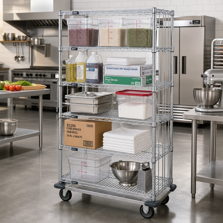 Product image #2 for Quantum 5-Shelf Mobile Enclosure Wire Shelving Cart, 60 x 18 x 70 Inches, Chrome Plated
