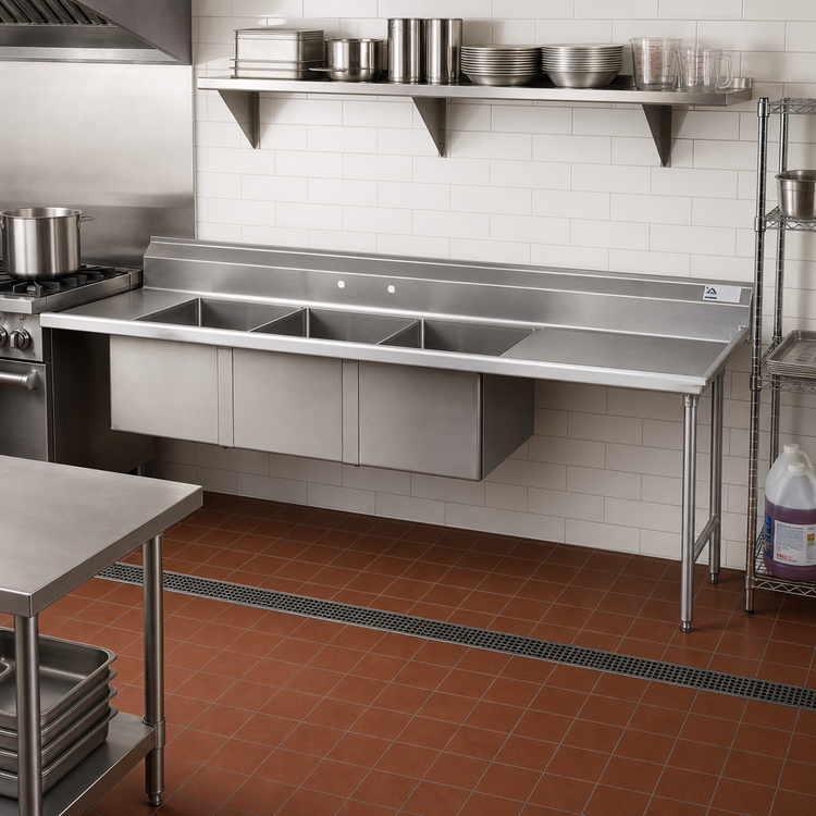 Product image #2 for Advance Tabco 3-Compartment Sink Dishtable with Right Drainboard, 143 Inch Wide, 24 x 24 x 14 Bowls, 304 Stainless Steel