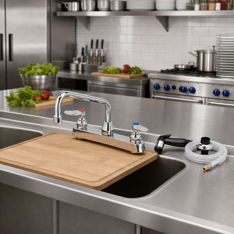Product image #2 for T&S Brass B-1172-CR Deck-Mount Workboard Mixing Faucet with 8-Inch Centers, 8-Inch Swing Nozzle and Side Spray