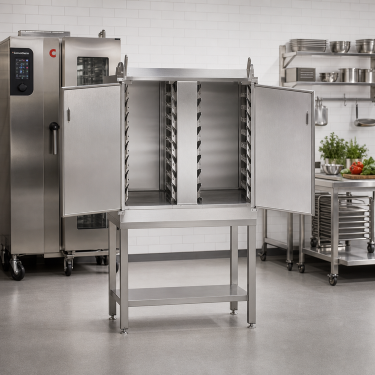 Product image #2 for Convotherm Fully Enclosed Double-Door Stainless Steel Oven Stand with 14 Shelf Rail Pairs for C4 6.10 and 10.10