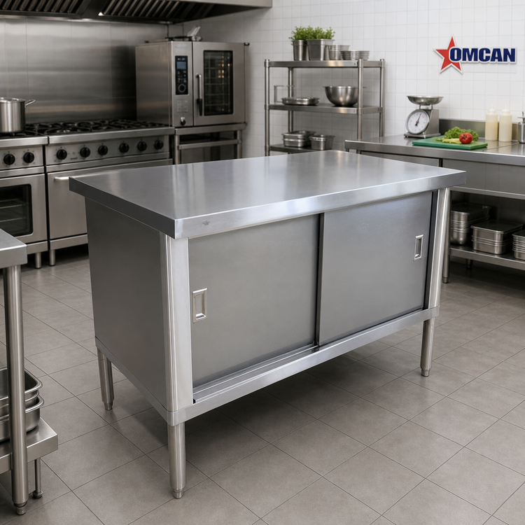 Product image #2 for Omcan 72-Inch x 30-Inch Stainless Steel Enclosed Work Table with Sliding Door Cabinet Base