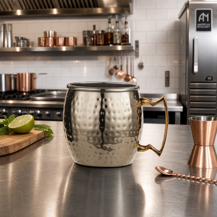 Product image #2 for American Metalcraft 16 Ounce Moscow Mule Mug with Brass Handle, Stainless Steel, Gold Hammered Finish