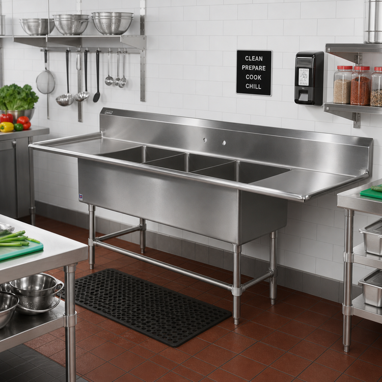 Product image #2 for John Boos Pro-Bowl 3-Compartment Sink with 2 Drainboards, 18" x 18" x 14" Bowls, 14-Gauge Stainless Steel