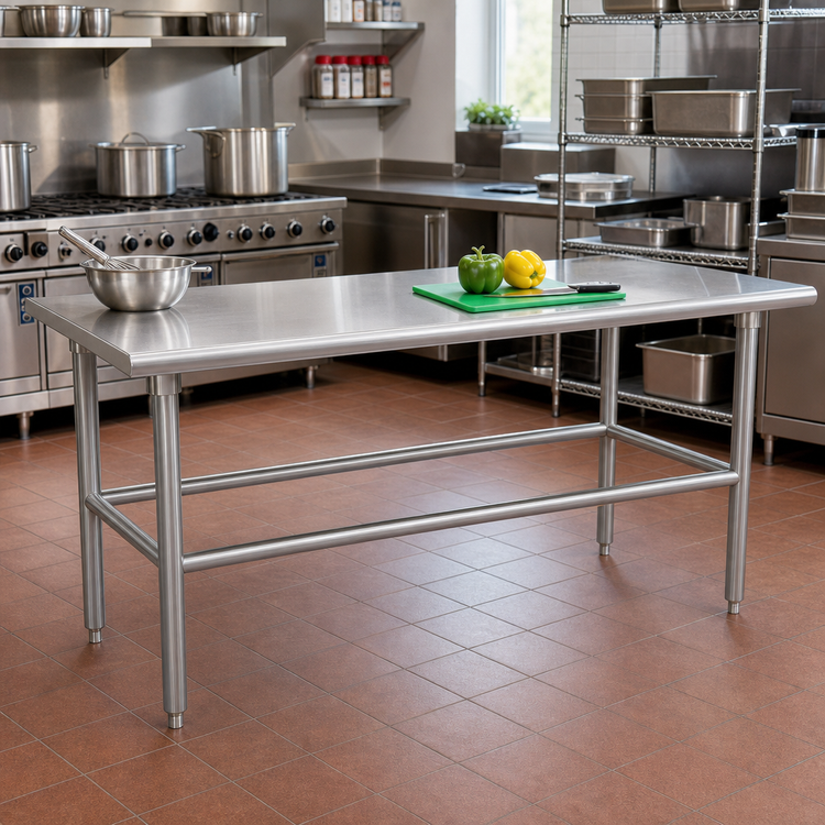 Product image #2 for Advance Tabco 144 Inch x 30 Inch 16 Gauge 304 Stainless Steel Open Base Work Table with Side and Rear Crossrails