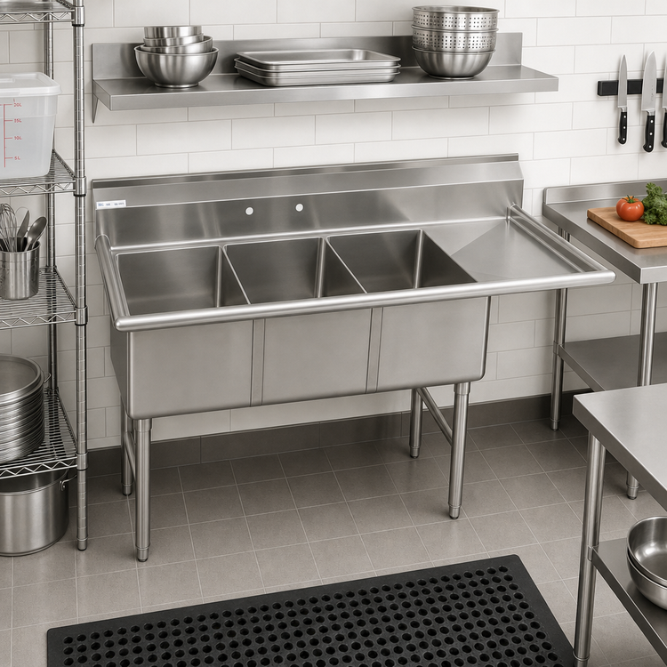 Product image #2 for Economy Three-Compartment Stainless Steel Sink with Right Drainboard, 68-1/2" W x 25-1/2" D x 41" H