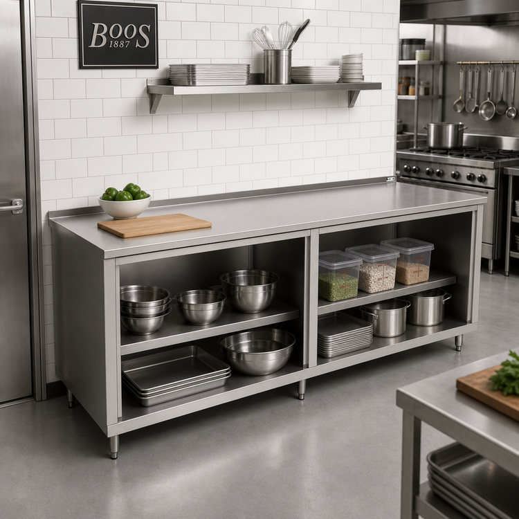 Product image #2 for John Boos Open Front Cabinet Base Work Table with 14 Gauge Stainless Steel Top, 132"W x 36"D