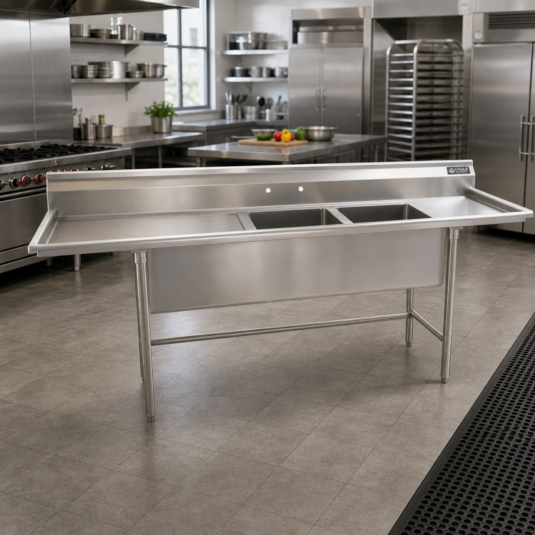 Product image #2 for Eagle Group S14 Series Two-Compartment Stainless Steel Sink with Left Drainboard, 67-1/2"W x 27"D