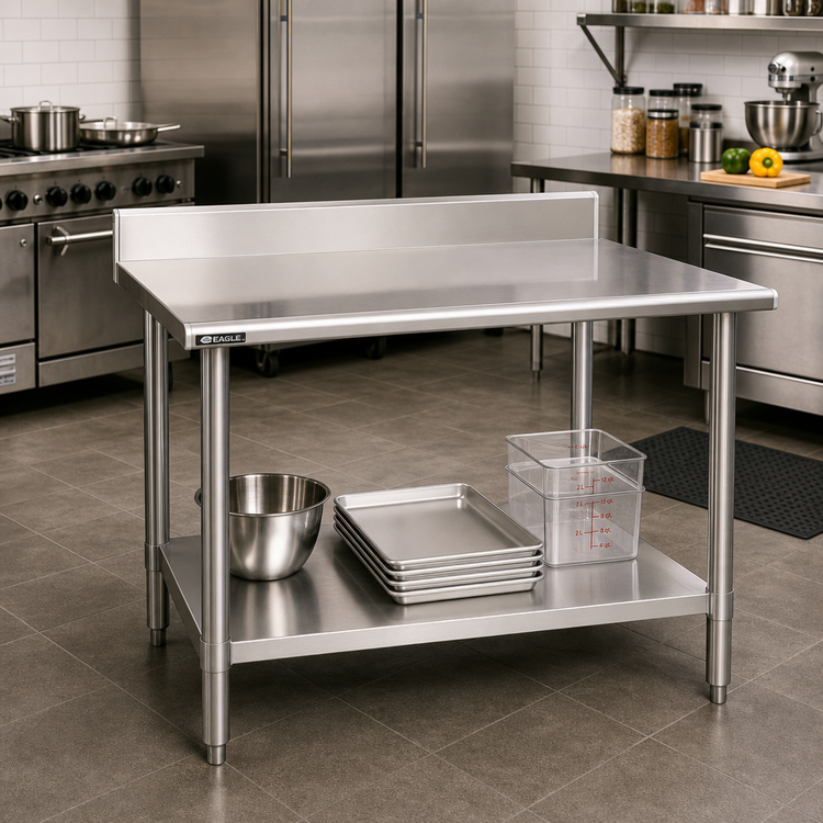 Product image #2 for Eagle Group Deluxe Series 16 Gauge 300 Series Stainless Steel Work Table with 4-1/2 Inch Backsplash and Adjustable Undershelf, 60 x 36 Inches