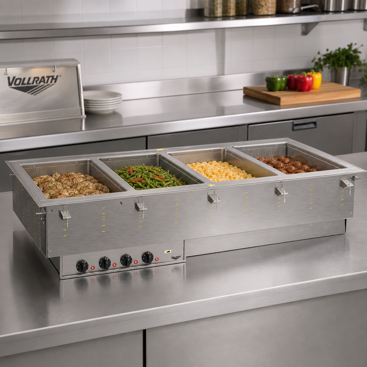 Product image #2 for Vollrath Four-Well Modular Drop-In Electric Hot Food Well Unit with Marine Grade Stainless Steel Wells, Manifold Drain, and Thermostatic Controls