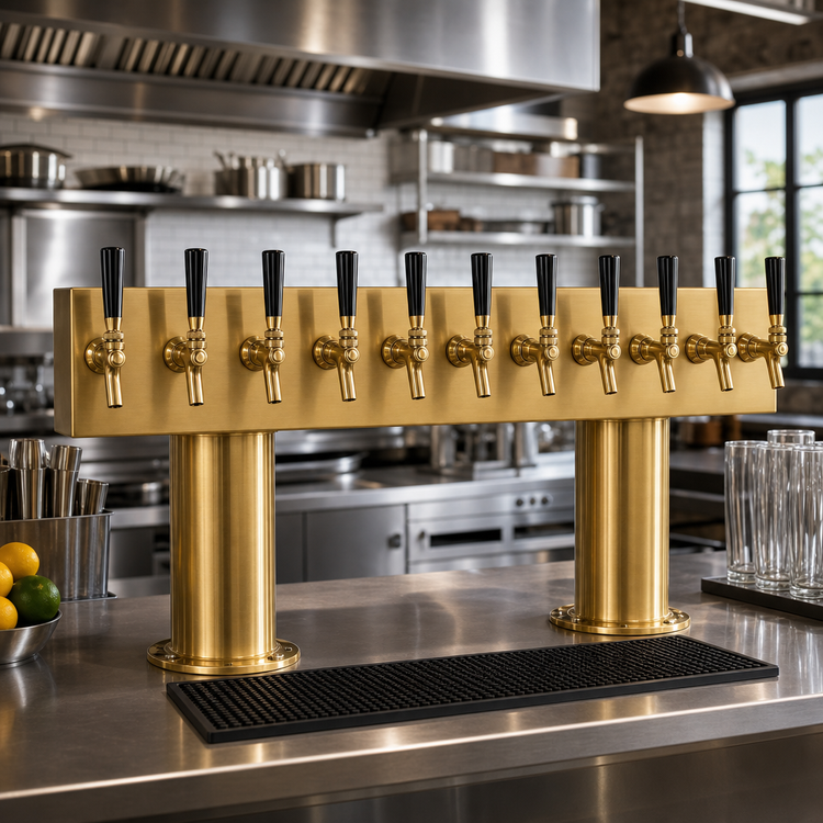 Product image #2 for Micro Matic Double Pedestal Air-Cooled Countertop Draft Beer Tower with 10 Brass Faucets, PVD Brass Finish