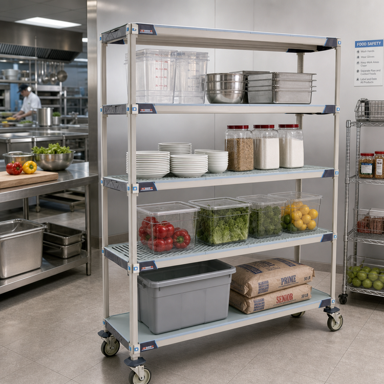 Product image #2 for MetroMax i 5-Tier Mobile Polymer Shelving Unit, 60W x 18D x 80H, Open Grid Shelves with Solid Bottom Shelf