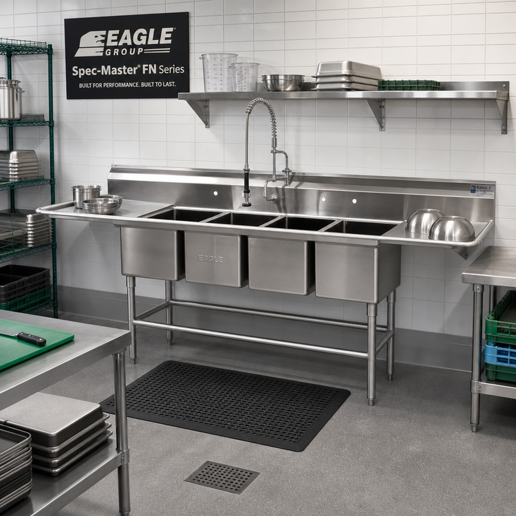 Product image #2 for Eagle Group Spec-Master FN Series 4-Compartment Stainless Steel Sink with Dual 36-Inch Drainboards