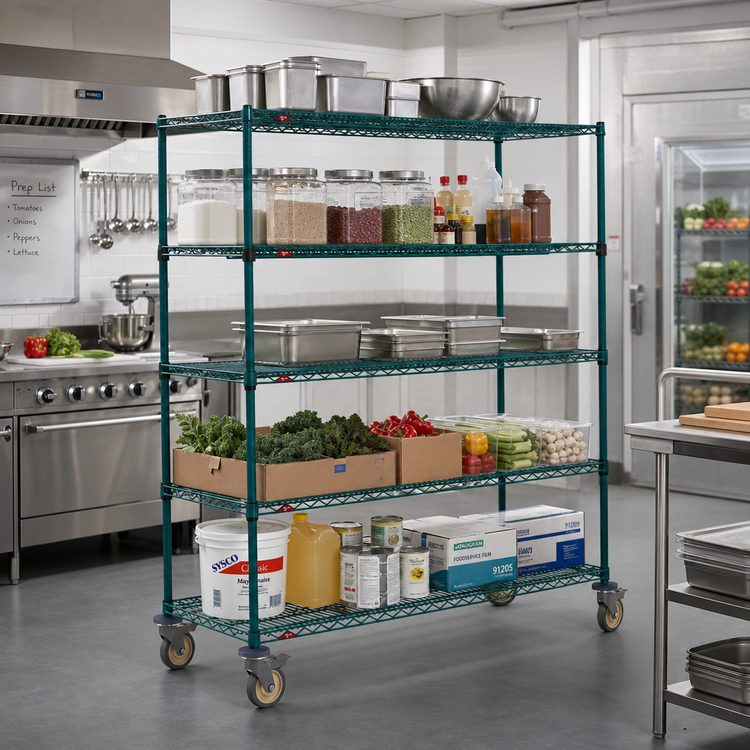 Product image #2 for Super Erecta 5-Tier Wire Stem Caster Cart, 60" W x 24" D x 68" H, Metroseal 3 Green Epoxy Finish