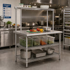 Thumbnail image #2 for Eagle Group AdjusTable T3060EBW-1 One-Tier 16-Gauge Stainless Steel Work Table with Overshelf and 2 Undershelves, 60 x 30 x 54.5 in