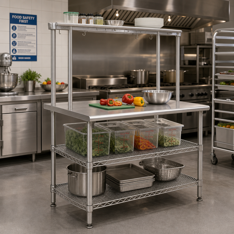 Product image #2 for Eagle AdjusTable One-Tier Stainless Steel Work Surface System with Adjustable Overshelf and Dual Undershelves, 60-Inch x 30-Inch