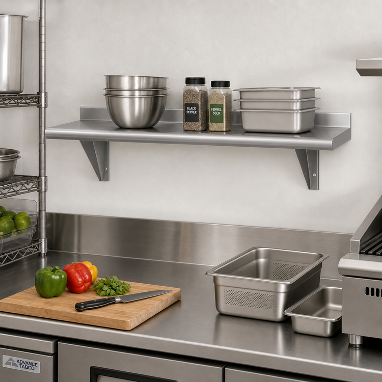 Product image #2 for Advance Tabco 48" x 15" Wall-Mounted Stainless Steel Shelf, 18 Gauge 430 Satin Finish