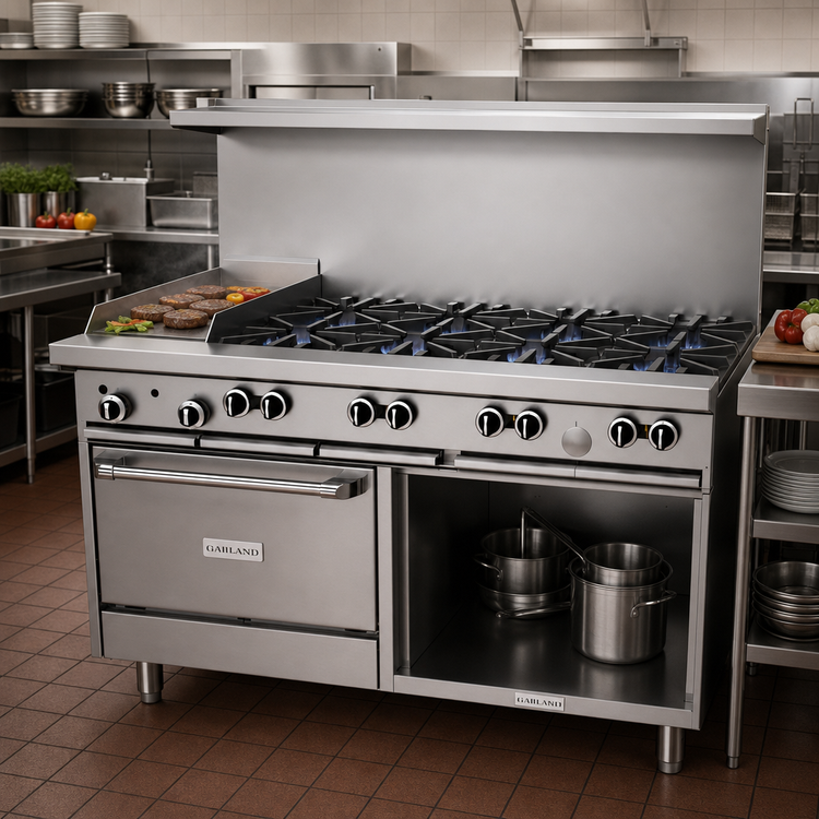 Product image #2 for Garland G Starfire Pro 60-Inch Gas Restaurant Range with 8 Open Burners, 12-Inch Griddle, Standard Oven, and Storage Base