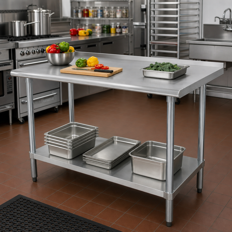 Product image #2 for Advance Tabco 60" x 36" 14-Gauge 304 Stainless Steel Work Table with 1-1/2" Rear Up-Turn and Adjustable Undershelf