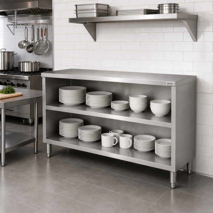Product image #3 for John Boos Open Front Dish Cabinet with Mid-Shelf, 72 x 15 x 35 Inches, Stainless Steel