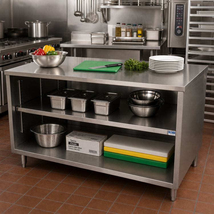Product image #2 for BK Resources 48-Inch x 30-Inch Stainless Steel Chef Table with Open-Front Cabinet Base